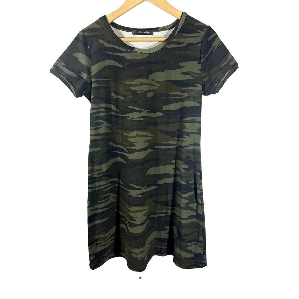 FV RELAY Women's Camouflage Short Sleeve Tee Shirt Mini Dress Green Size Small